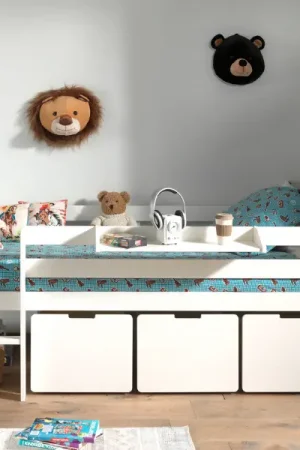 Achat Immédiat Lit mi-hauteur Pip 90x200 cm avec 3 tiroirs et étagère suspendue-blanc