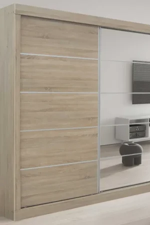 Certifié Armoire coulissante Mike avec porte-miroir | Sonoma, aggloméré, MDF | 197.5 x 182.5 x 52.5 cm