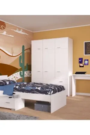 Ensemble de chambre d'enfant Galaxy | Lit simple, bureau, armoire | Blanc Soldes