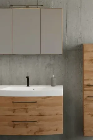 Réduction Ensemble de salle de bains Manchester | Meuble lavabo, meuble colonne, armoire de toilette avec éclairage | Chêne Wotan