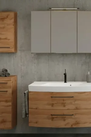 Bon Marché Ensemble de salle de bains Manchester | Meuble lavabo, meuble colonne, armoire murale, armoire de toilette avec éclairage | Chêne Wotan