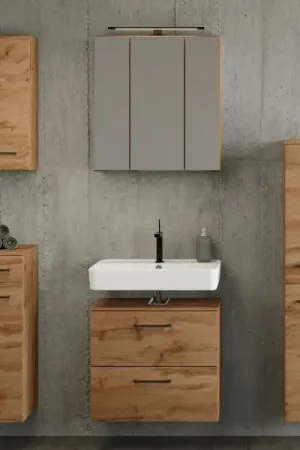 Ensemble de salle de bains Manchester | Meuble lavabo, armoire colonne, armoire de toilette avec éclairage, armoire murale, armoire latérale | Chêne Wotan Paiement Sécurisé