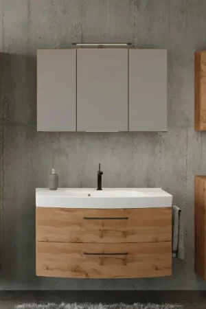 Certifié Ensemble de salle de bains Manchester | Meuble lavabo, armoire colonne, armoire de toilette avec éclairage, armoire murale, armoire latérale | Chêne Wotan