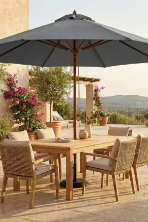 Retour Gratuit Parasol Joplin Emob - Ø350 cm - Teck et toile en oléfine grise