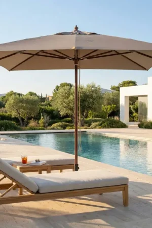 Parasol Joplin Gescova - 300x300cm - bois teck et toile taupe Acheter Direct