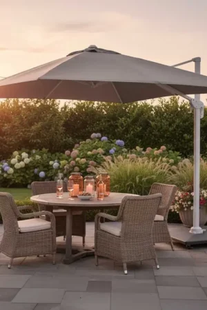 Nouveauté Parasol Houston 300x300 Aluminium Blanc et Tissu Gris Clair