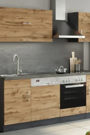 Bon Marché Kitchenette Sorrella 210cm avec lave-vaisselle et four - chêne/graphite
