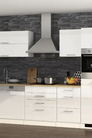 Acheter Direct Kitchenette Ragnar 300cm avec four, réfrigérateur et lave-vaisselle - blanc brillant