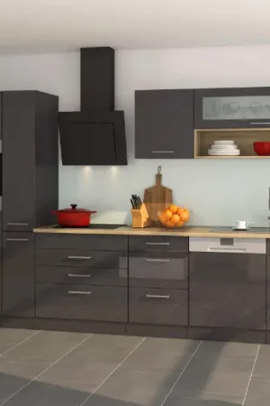 Acheter En Ligne Kitchenette Ragnar 300cm avec lave-vaisselle, four et réfrigérateur - anthracite brillant