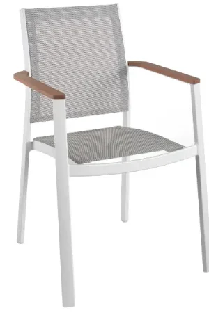 Chaise de jardin Billie Gescova - aluminium blanc et teck - assise gris textilène Vente Directe