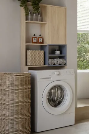 Meuble pour machine à laver Kuba 4 étagères, 1 porte tournante-chêne clair/gris céladon Promotion