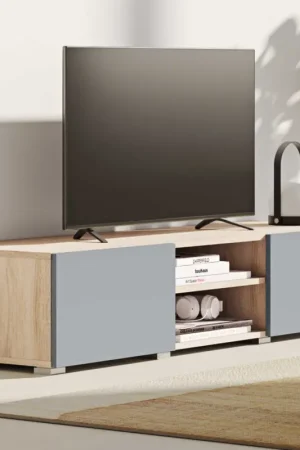 Meuble TV Polka 140 cm 2 portes tournantes, 2 niches-chêne /gris céladon Meilleure Vente