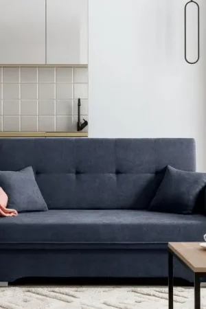 Vente Directe Canapé deux places avec fonction de couchage Laina | 155 x 105 x 75 cm | Bleu foncé