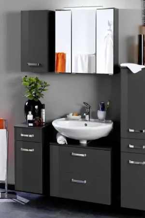 Bon Marché Salle de bains Bobbi: 3x meuble suspendu, armoire de toilette, meuble sous lavabo - gris brillant