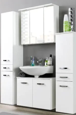 Acheter Direct Salle de bains Bobbi: 2x armoire colonne, meuble sous-vasque, armoire de toilette - blanc brillant