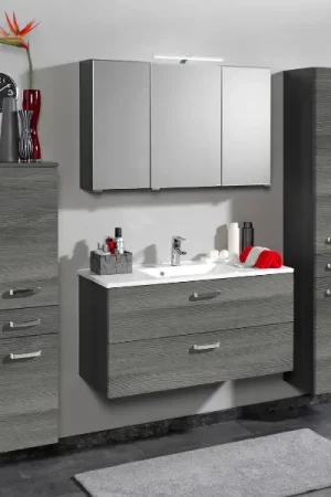 Affaire À Saisir Salle de bain Bobbi: 2x colonne, armoire de toilette, meuble évier - gris chêne