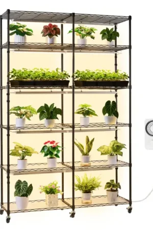 Bon Plan VEVOR Support Plantes Intérieur avec Lampe de Croissance, Étagère Plantes 6 Niveaux en Métal, Double Rangée, Hauteur 180 cm, 200 W, avec Roulettes, Minuterie, Meuble Présentoir pour Pots de Fleurs