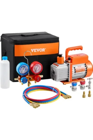 Produit De Marque VEVOR Pompe à Vide Climatisation, 99 L/min, Pompe à Vide Frigoriste CVC 1 Étage, Kit Jauges Collecteur de Réfrigérant Climatiseur Automobile avec Tuyau, pour R134a, R12, R22, R502a, R410A, R404, R407C