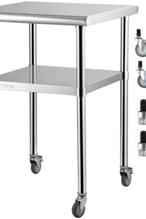 Affaire À Saisir VEVOR Table de Travail Inox 61x61x85 cm Table de Préparation Inox 2 Niveaux Charge 272,4 kg Table de Cuisine Inox avec 4 Roues Étagère Réglable en Hauteur Rangement Aliments Restaurant Bar Garage