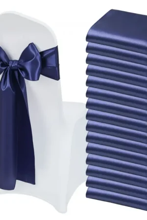 Meilleure Vente VEVOR Nœud de Chaise en Satin Luxueux Bleu Marine 50 Pièces, Bandeau de Chaise de 17 x 275 cm, Facile à Nouer, Ceinture de Décoration Élégante pour Mariage, Cérémonie, Fête Prénatale et Banquet