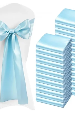 VEVOR Nœud de Chaise en Satin Luxueux Bleu Clair 100 Pièces, Bandeau de Chaise de 17 x 275 cm, Facile à Nouer, Ceinture de Décoration Élégante pour Mariage, Cérémonie, Fête Prénatale et Banquet Authentique