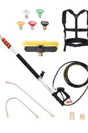 VEVOR Lance Télescopique pour Nettoyeur Haute Pression 5437 mm, Baguette Pulvérisation Télescopique 4000 psi avec Rallonges, Tête de Brosse, 5 Buses, Adaptateur, Ceinture de Support, pour Gouttière Réduction