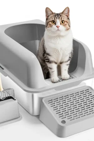 Acheter En Ligne VEVOR Bac à Litière pour Chat Profondeur 152,4 mm Extra Large en Acier Inoxydable avec Pelle, Repose-pied Filtrant, Côtés Hauts, sans Odeur, Facile à Nettoyer, Adapté aux Grands Chats, Gris Clair
