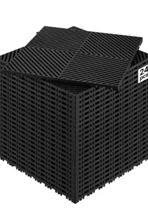 Prix Cassé Offres VEVOR Tapis de drainage emboîtable, 415x415 mm, dalles de sol de drainage modulaire emboîtable, 24 pcs, coussin de sol à épisser en PP antidérapant noir, tapis de douche, pour garage, jardin, cuisine