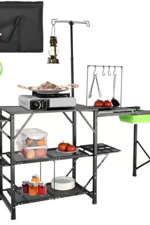 Pas Cher VEVOR Cuisine de Camping 174 x 50 x 160 cm Table de Camping Pliable Structure en Alu 5 Comptoirs Meuble de Cuisine avec Sac de Transport Évier Amovible Installation Facile pour BBQ Pique-Nique Jardin