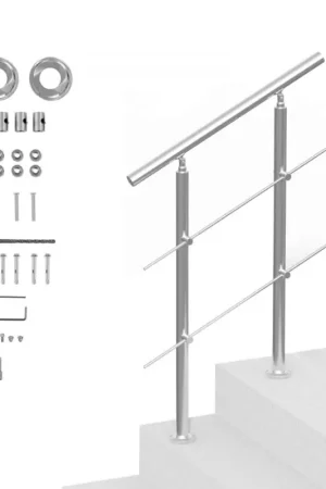 Dernière Chance VEVOR Rampe d'Escalier, 80 cm, Main Courante Escalier pour Marches Extérieur Acier Inox, 2 Barres Transversales, Kit d'Installation, Garde Corps Double Colonne pour Personnes Âgées, Porche, Terrasse