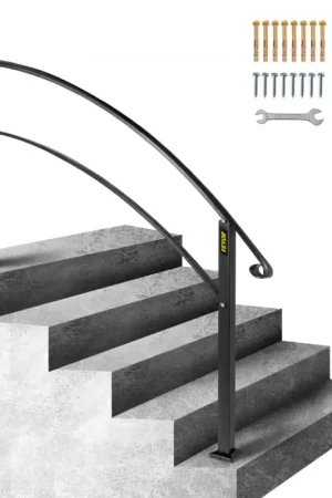 Expédition Rapide VEVOR Rampe d'Escalier pour 5 Marches Extérieures, Main Courante Escalier, en Fer Forgé, avec Kit d'Installation, Rampe Extérieure pour Marches en Béton ou Bois, Porche, Terrasse, Noir