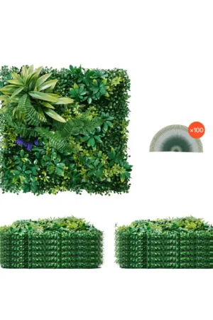 VEVOR Mur Végétal Artificiel 12 PCS Panneau Mural Décoratif Plante Artificielle 3D Emboîtable, 50x50 cm, pour Décoration Intérieure Extérieure, Couverture de Clôture en Lierre, Brise-vue Mural Jardin Haute Qualité